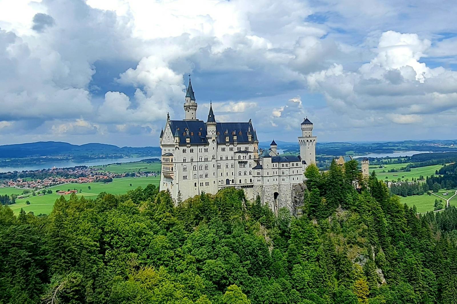 das Schloss Neuschwanstein auf einem bewaldeten Hügel