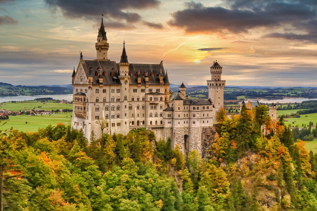 Neuschwanstein Castle on a wooded hill